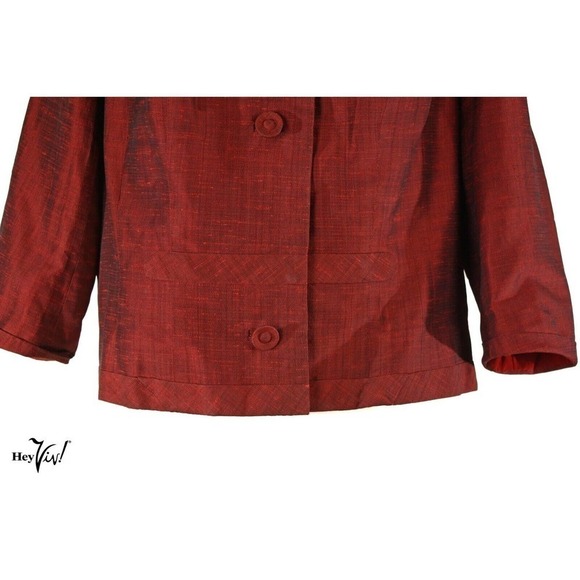 Vintage 50s Red Silk Sharkskin Boxy Jacket Hong Kong Hallmark Tag Sz L - Hey Viv - Picture 4 of 7